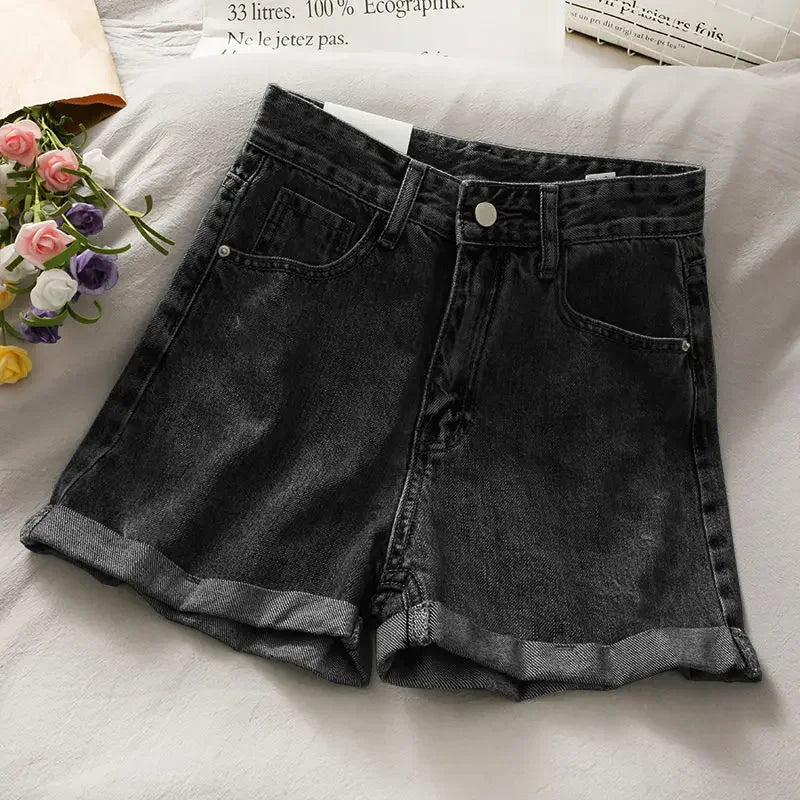 Women's Denim Trendy High-Waisted Slimming Loose-Fit Rolled Edge Korean Style A- Line Hot Pants Summer New Arrival