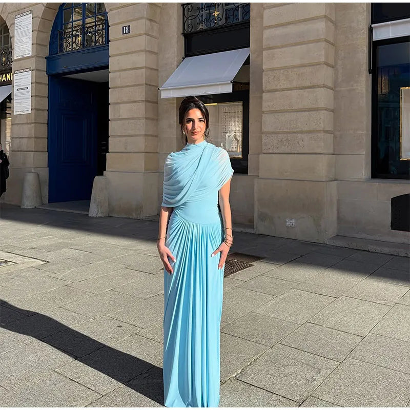 Irregular Shawl Blue Maxi Dress – Women’s 2025 Slim‑Fit Turtleneck Pleated Evening Party Dress
