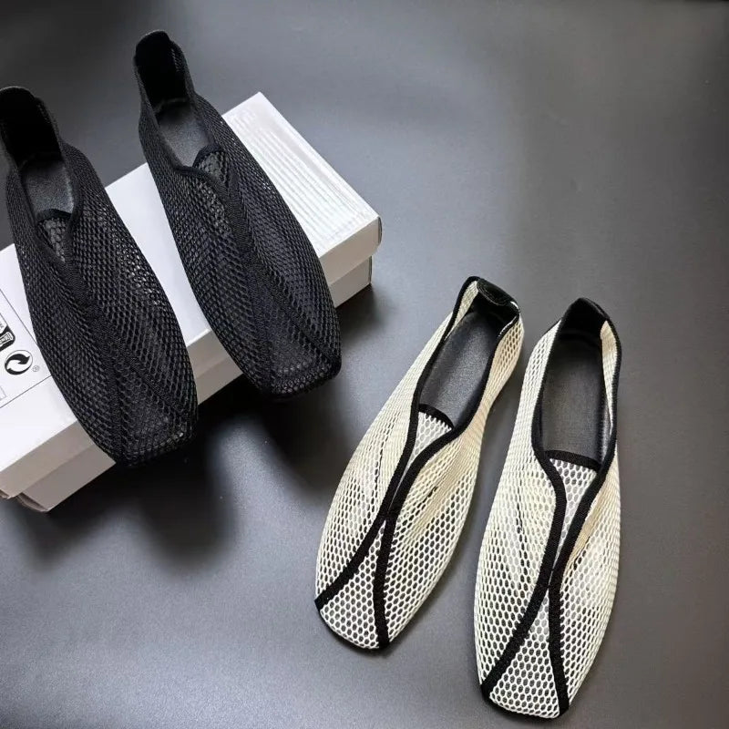 Hollowed-out Mesh Sandals for Women - Summer One-Piece Square-Toe Flat Mary Jane Sandals