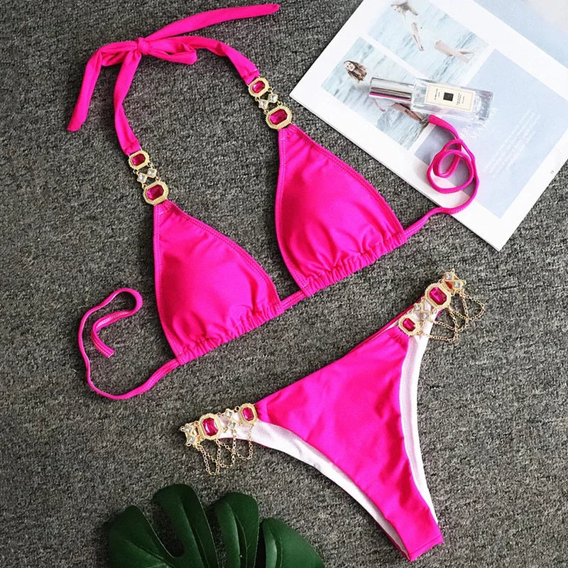 Women’s 2026 Rhinestone Diamond Bikini – Halter Chain Two‑Piece Swimsuit, Sexy Shiny Brazilian Swimwear