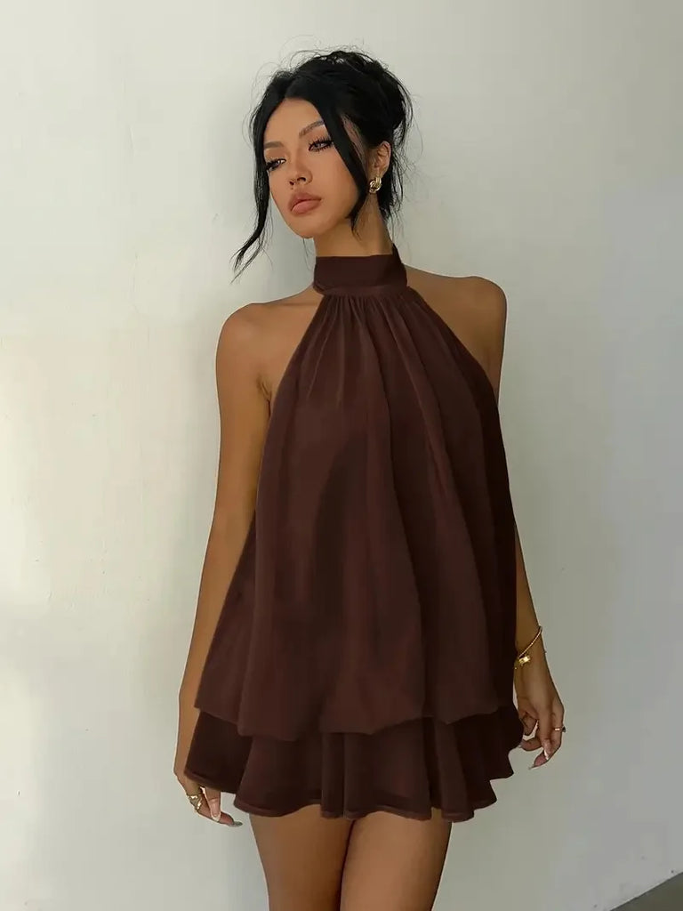 Women’s Backless Halter Neck Dress – Tie‑Front Chiffon Sheer Mini Skirt, Sexy Y2K Vintage Party Dress