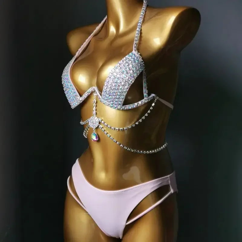 Diamante Bikini Sexy Nightclub Bar DJ Pole Dancing Bikini Sparkly Rhinestones Bra Shorts 2-Piece Set Party Performance Costume