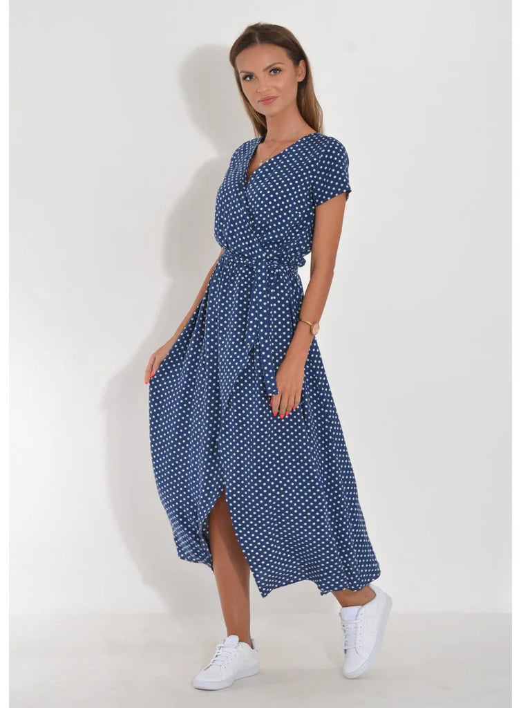 Summer Polka Dot Split Hem Long Dress Women 2023 New Fashion V Neck Print Sundress Vestidos Short Sleeved Waisted Lace-up Dress