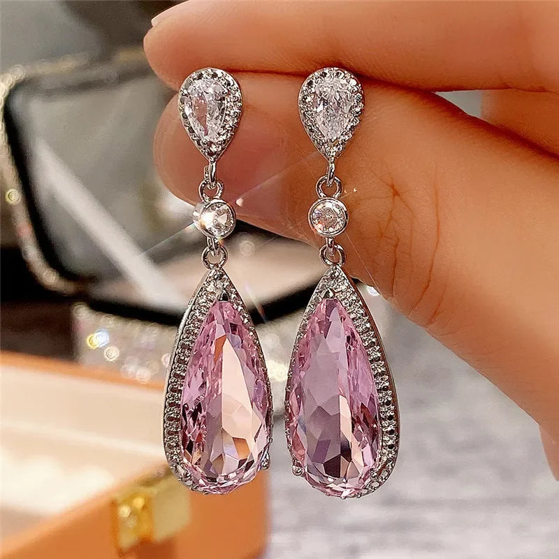 2025 New Arrivals Fashion Luxury silver color korean Zircon Stud Pink Earing Earrings For Women Girl Party Gift Jewelry Z7