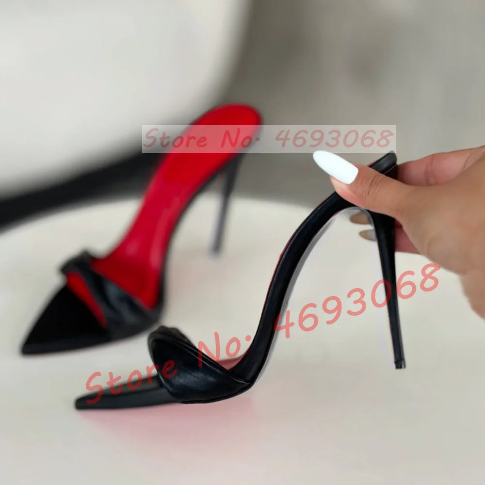 Black Twist Strap Stiletto Mules Women Sexy Red Insole High Heels Ponted Toe Slippers Ladies Stylish Outside Catwalk Party Shoes