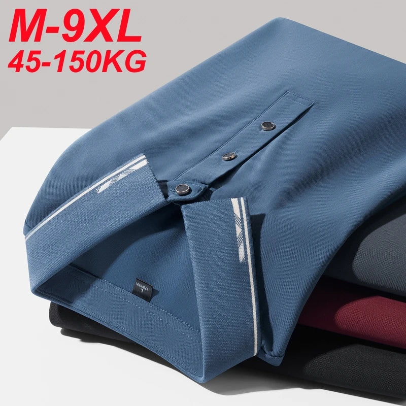 Men Polo Short sleeve 2025 Summer Plus Size 9xl 8xl 7xl High Quality Ice Silk Solid Color Men's Business Casual Polo Shirts