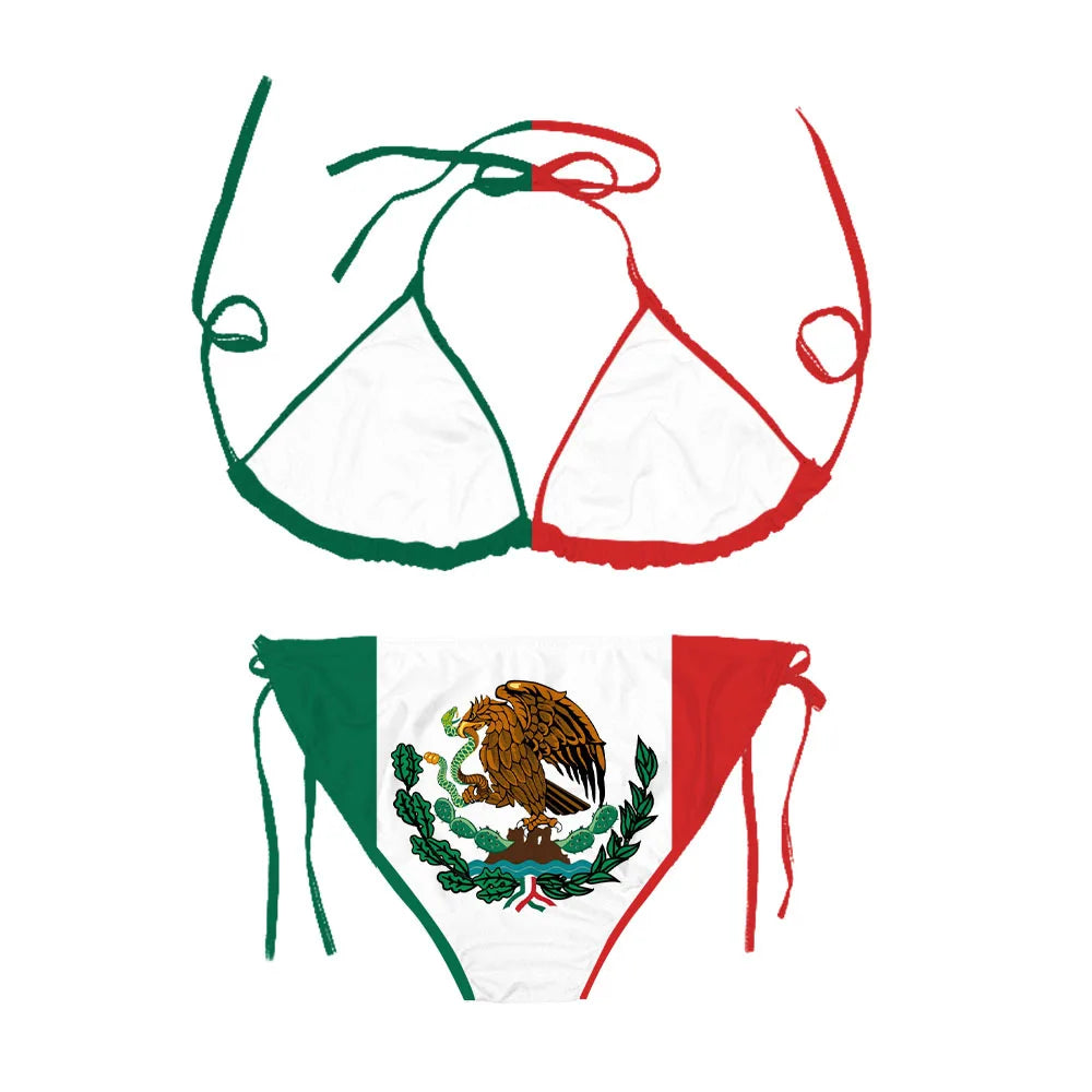 CLOOCL Mexico Flag Bikini Set — Sexy Adjustable Lacing Swimsuit for Women, No Chest Pad