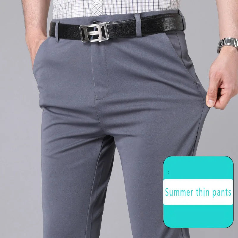 Men’s Stretch Smart Casual Pants – Solid Black Quick‑Dry Office Trousers, Korean Straight Fit for Spring & Autumn