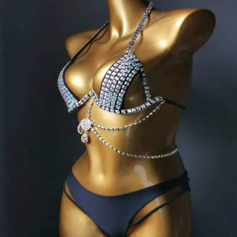 Diamante Bikini Sexy Nightclub Bar DJ Pole Dancing Bikini Sparkly Rhinestones Bra Shorts 2-Piece Set Party Performance Costume
