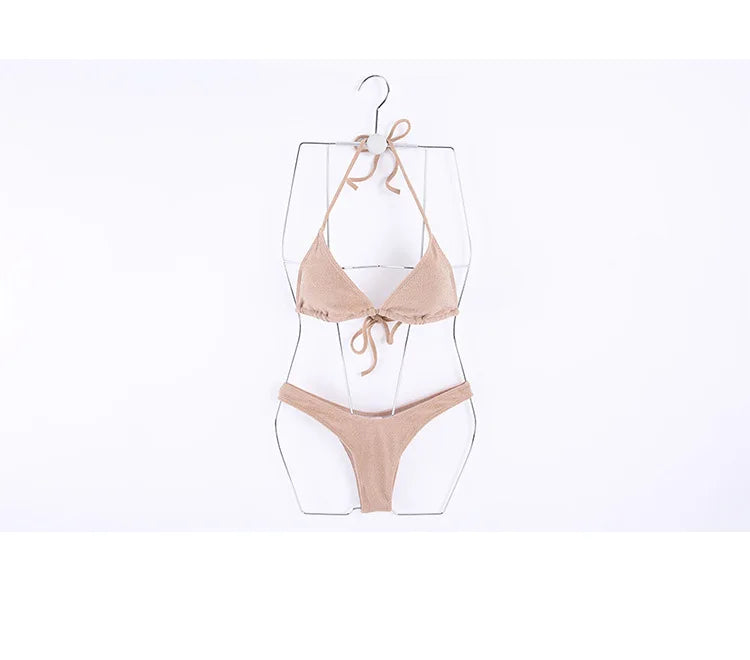 Women’s Nude‑Tone Halter Thong Bikini – Sexy Korean‑Style Two‑Piece Swimsuit 2024  ⭐