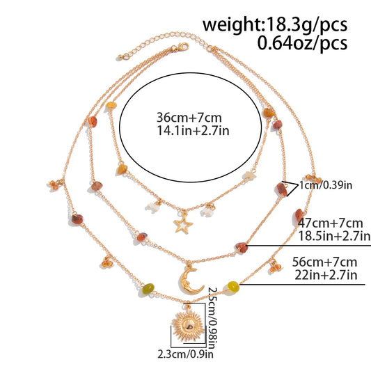 Vintage Star Moon Sun Pendant Necklace 2025 Women's Stacked Gold Color Metal Colored Stone Weaving Girls Fashion Holiday Jewelry