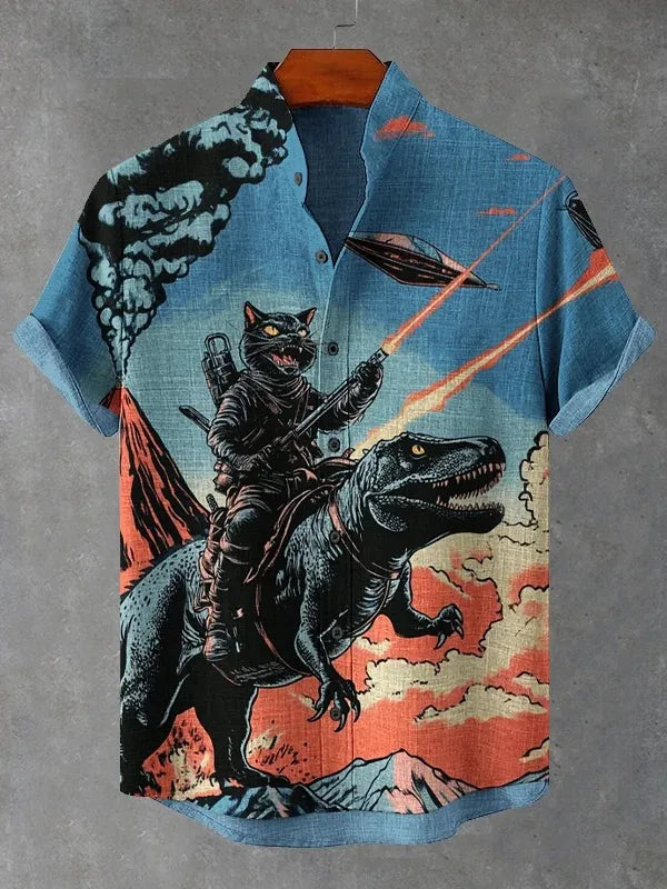 Men's Retro Cat Shirt Funny Calligraphy Dinosaur Volcanic Eruption Print Short Sleeve Holiday Outwear Vintage Japanese Clothing