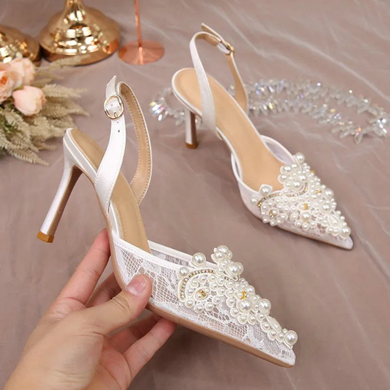 2025 White Wedding Shoes Bridesmaid Shoes Women's Lace Shoes Fashion High Heels Pearl Pumps