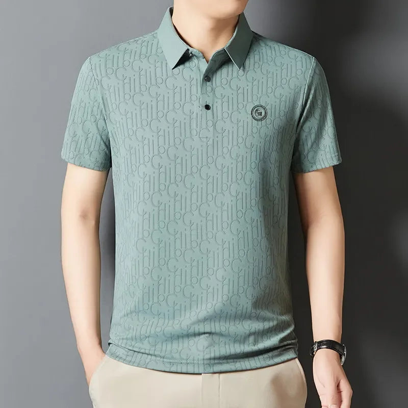 New Men's Business Casual Short Sleeved Shirt with Badge Solid Color Polo Shirt Fashionable Breathable Comfortable Versatile Top