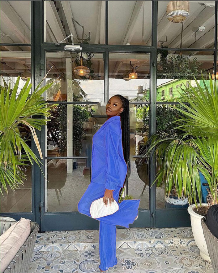 CM.YAYA Street Women's Set Long Sleeve Shirt Tops and Wide Leg Pants Elegant Tracksuit Two Piece Set Sweatsuit Fitness Outfits