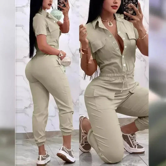 Spring Summer New Women's Clothing Solid Color Casual Multi-Pocket Waist Elastic Cargo Overalls Jumpsuit Playsuit Pants