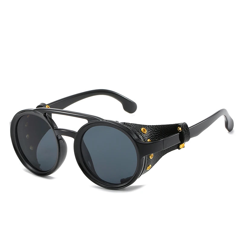 Steampunk Shields Sunglasses Men Women Classic Sun Glasses With Side Leather Round Eyewears Punk UV400 Lens