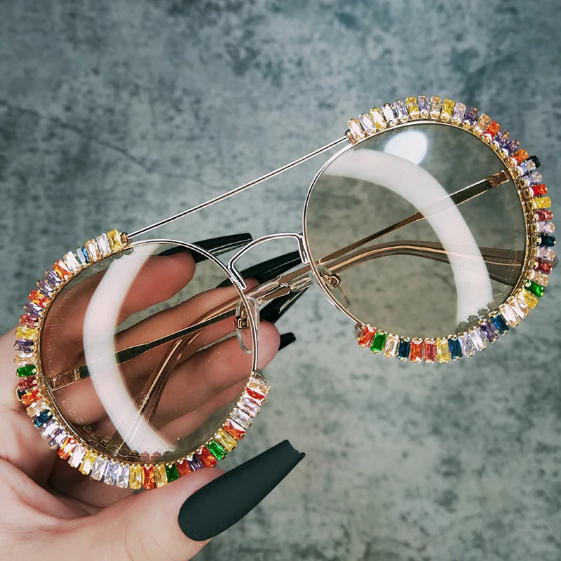 Diamond Round Sunglasses Women 2022 Crystal Blingbling Sun Glasses Men Female Plain Sun Glasses Lunette De Solei Sunglasses