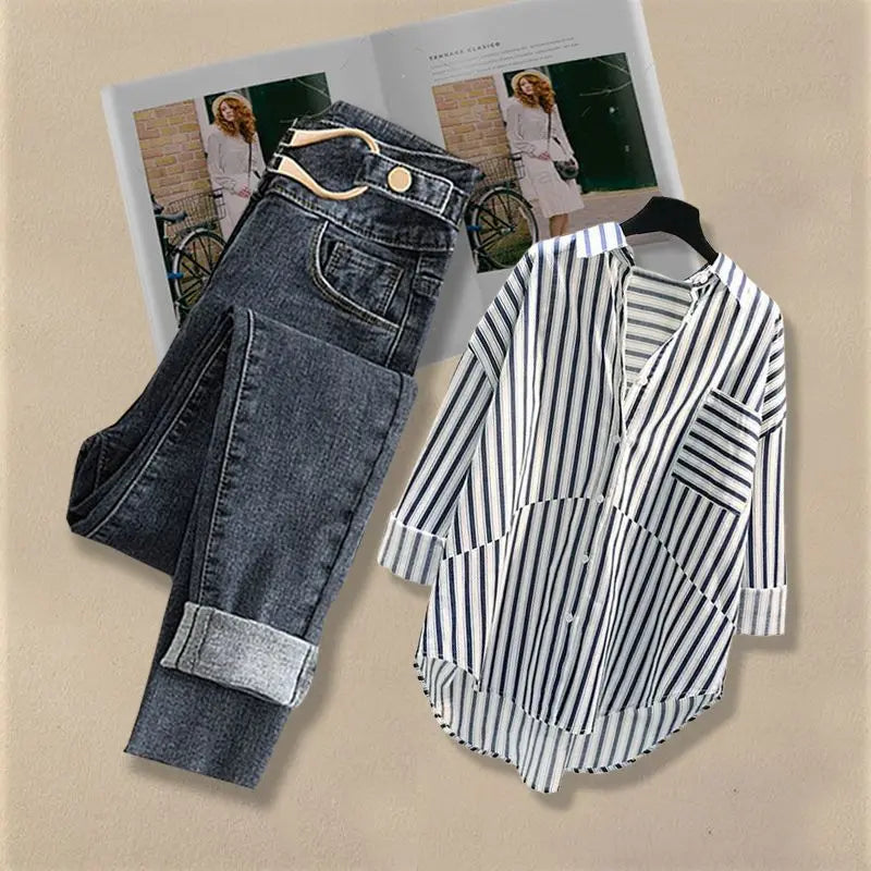 Women Spring/Summer New Matching Set 2025 Korean Elegant Striped Shirt Top+Jeans Two Piece Female Loose Blouse Denim Pants Suit