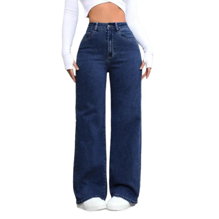 Trendy Washed High-Waisted Straight-Leg Jeans Women with Large Front & Back Pockets for Daily Casual Versatile Lady Jeans ‌