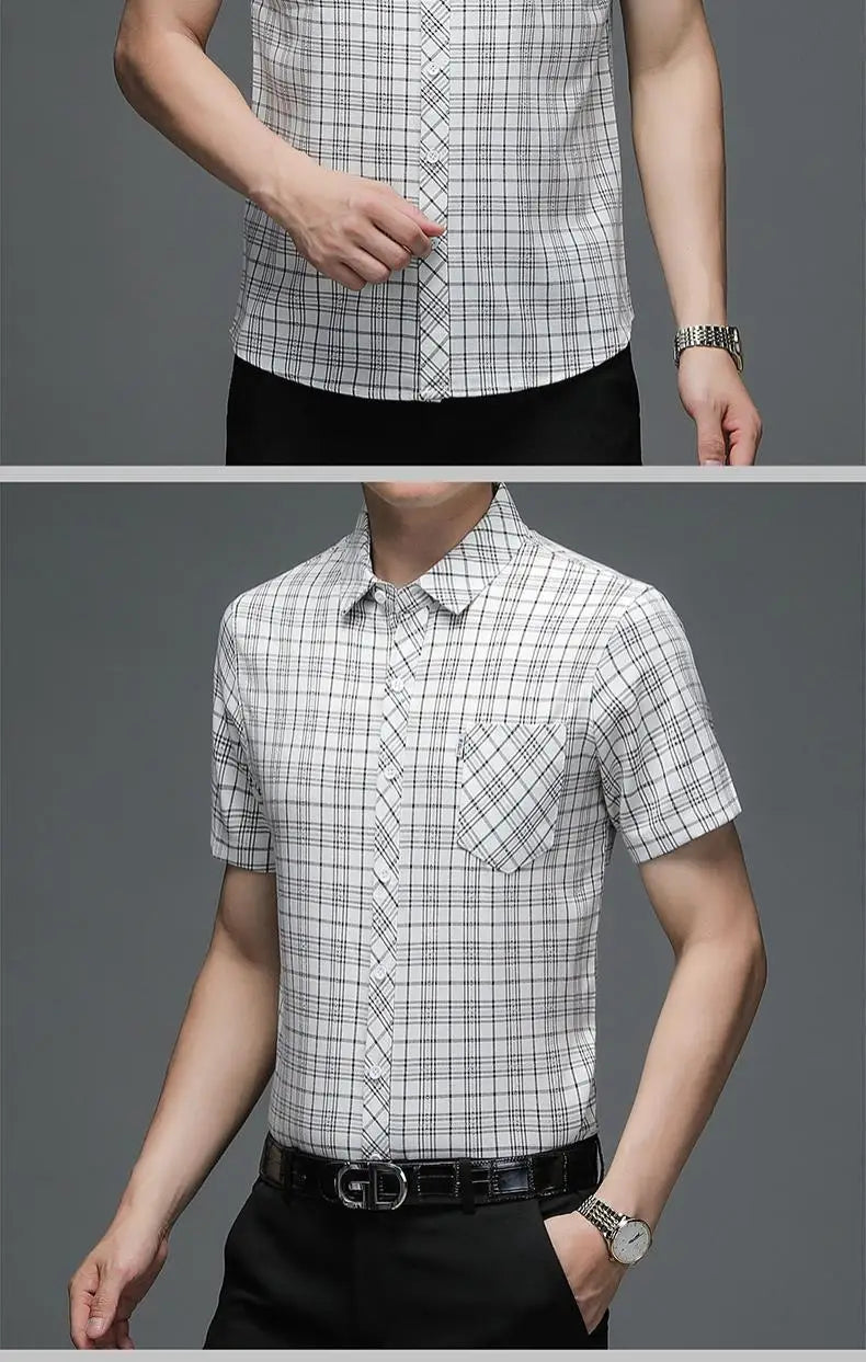 Grey Plaid Short‑Sleeve Button‑Down Shirt