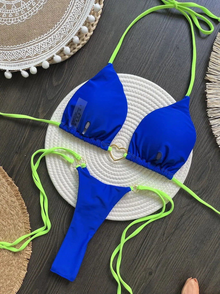 Women’s Sexy Halter Triangle Bikini – Low‑Waist Brazilian Thong Two‑Piece Swimsuit (Solid Color)