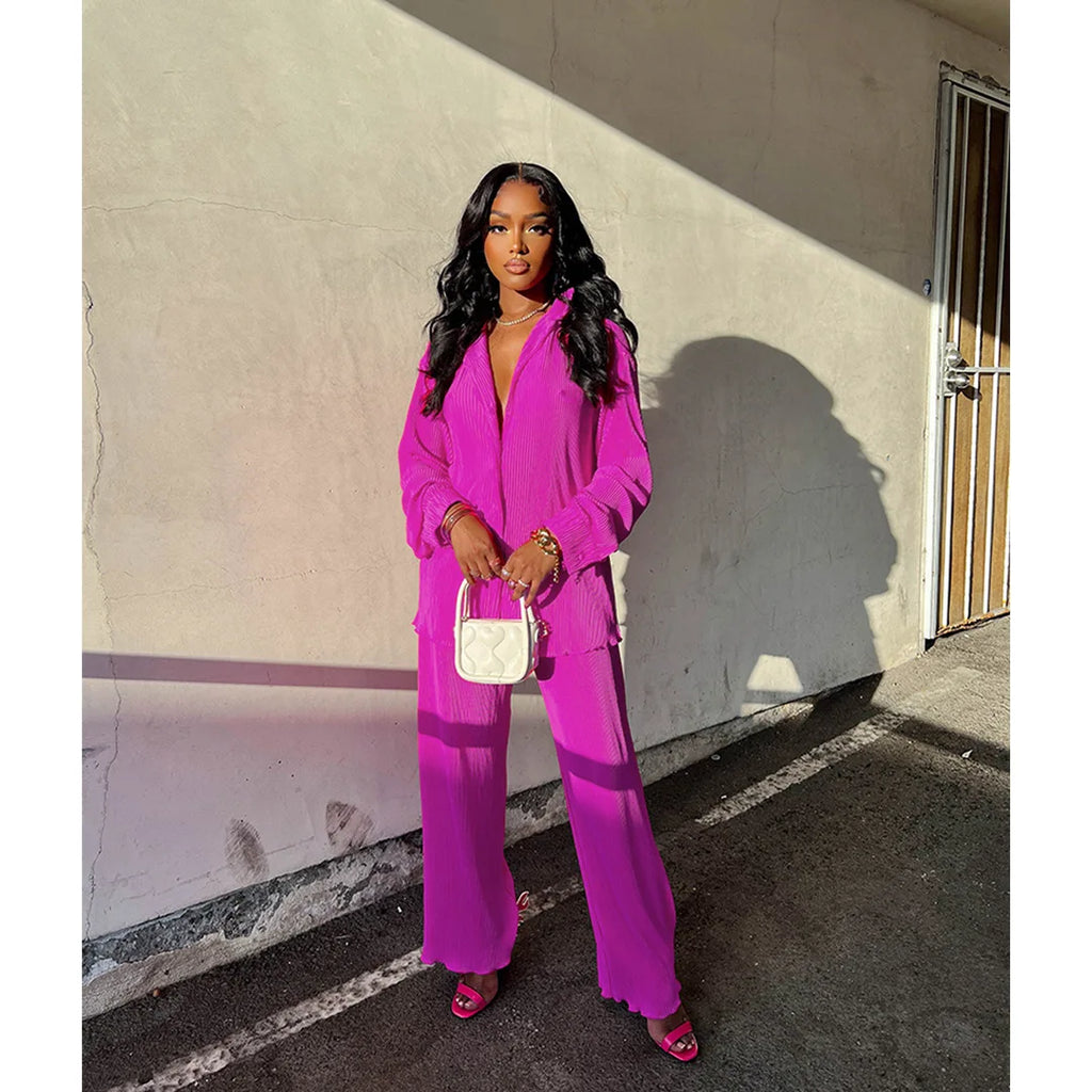 CM.YAYA Street Women's Set Long Sleeve Shirt Tops and Wide Leg Pants Elegant Tracksuit Two Piece Set Sweatsuit Fitness Outfits