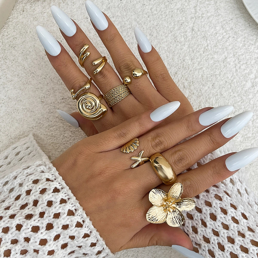 Ingemark 8Pcs/Set Vintage Metal Petal Flower Water Drop Open Rings for Women Trend 2025 Goth Geometric Ring Daily Jewelry Gift