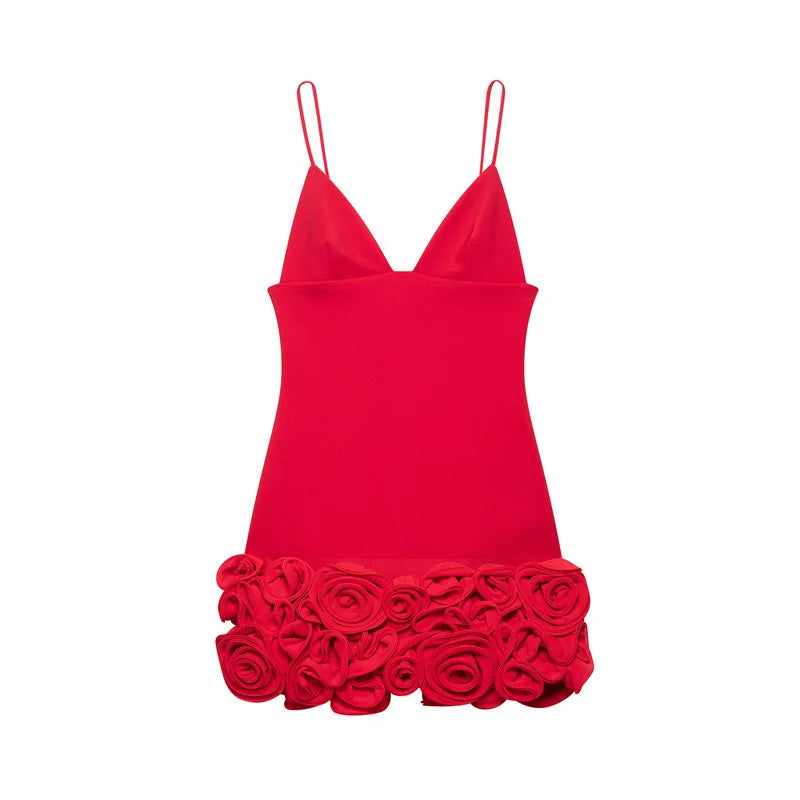 Sexy 3d Flower Mini Dress Women Chic Sling Slim Red Deep V-neck Backless Sleeveless Dresses 2025 Summer Party Evening Lady Robe