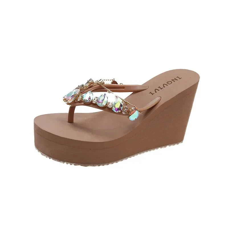 Women’s High Heeled Flip Flops — Diamond Slope Heel Slippers Elegant Beach Sandals