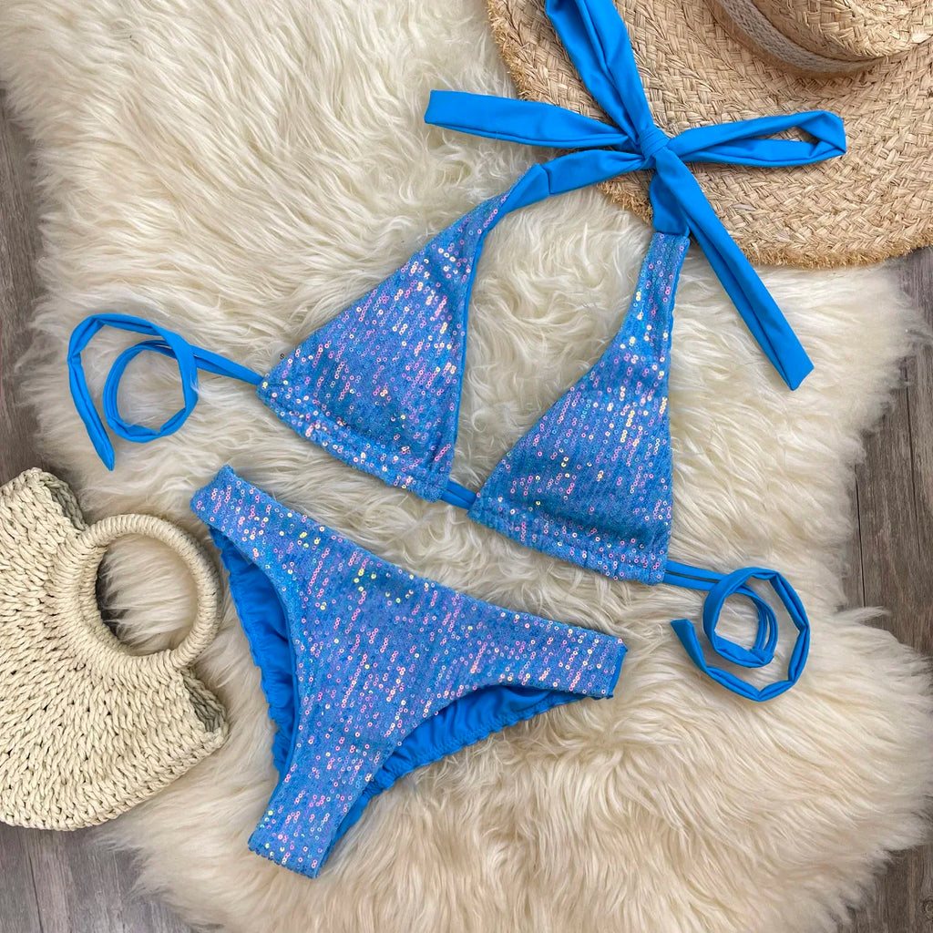 Melphieer Sequins Sparkle Bikini Set — Strappy Bandage Ruching Bum Two‑Piece Swimsuit for Beach, Pool & Holiday Outfits