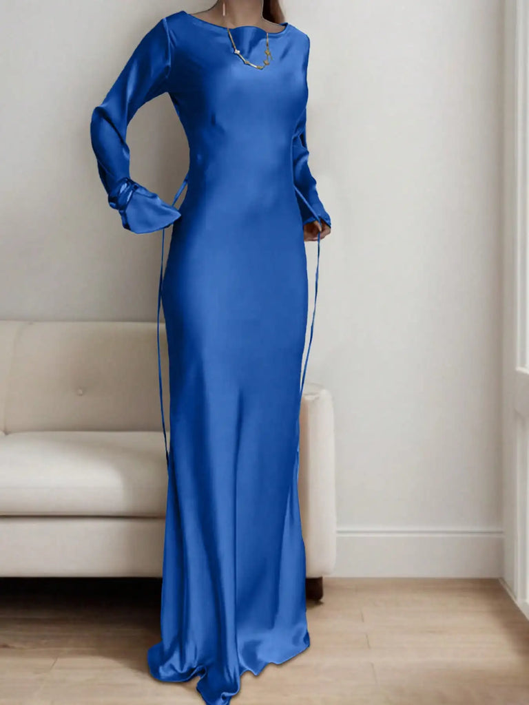 Women’s Bespoke Satin Maxi Dress – Corset Waist Tie, Round Neck & Flared Sleeves | Luxury Evening Gown 2026