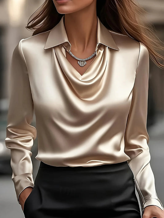 Plus‑Size Satin Long‑Sleeve Shirt 2026 — Pleated Draped Collar Elegant Office Top