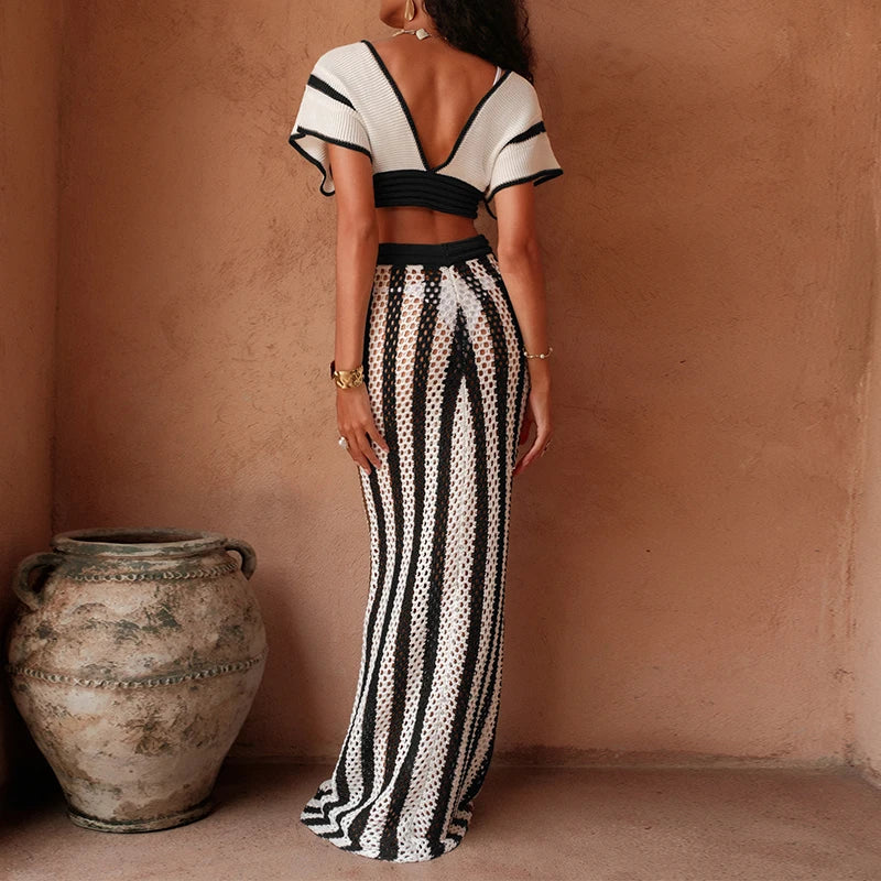 Women’s Brown & White Stripe Knit Cover‑Up Set – Tie‑Up Top + Long Sheer Skirt Beach Vacation Outfit