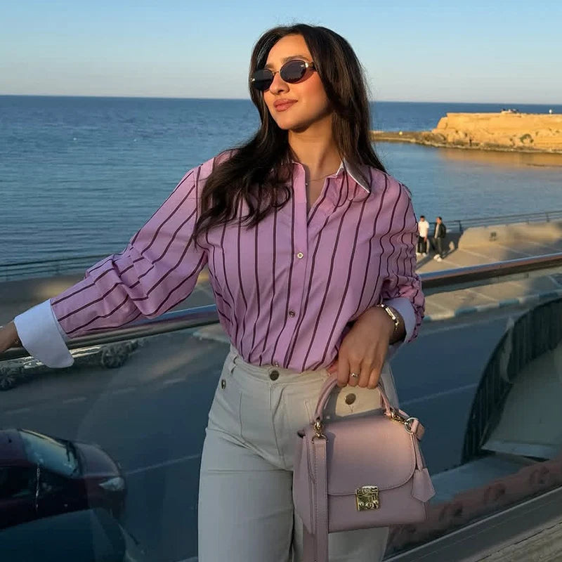 2026 Women’s Long Sleeve Collared Shirt — Striped Cuff Loose Chic Spring Summer Top