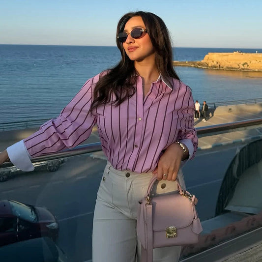 2026 Women’s Long Sleeve Collared Shirt — Striped Cuff Loose Chic Spring Summer Top