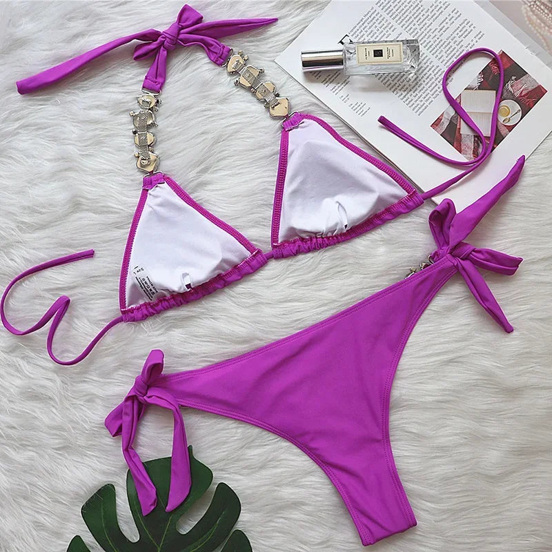 Women’s 2026 Rhinestone Diamond Bikini – Halter Chain Two‑Piece Swimsuit, Sexy Shiny Brazilian Swimwear