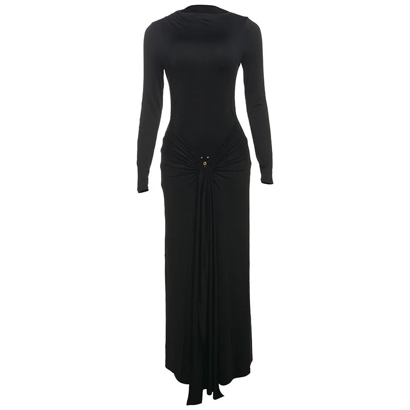 Mozision Elegant Long Sleeve Ruched Sexy Maxi Dress Women Gown Autumn Fashion Draped Bodycon Long Dresses Female Clothing