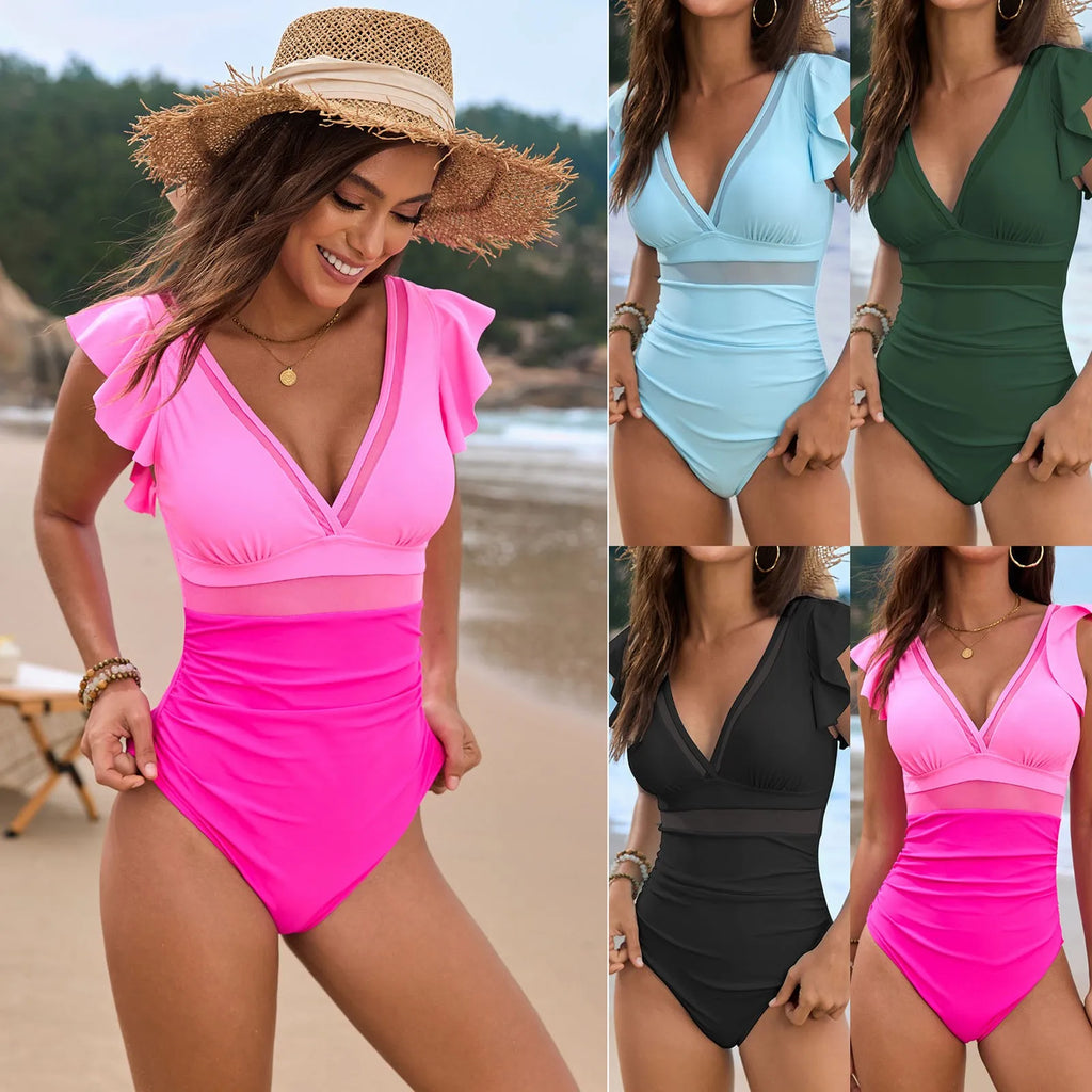 Nylon Swimsuit Women'S Swimsuits Slimming Ruffle Bathing Suit V Neck Swimwear Off Shoulder Lace Up Bikini