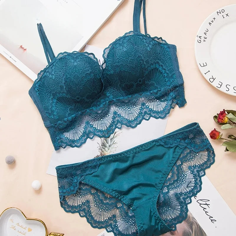 Sexy Push Up Bra Lingerie Set - Comfortable Wireless Lace Underwear, Massage Palm Cup for Lift, 75C/80C/85C