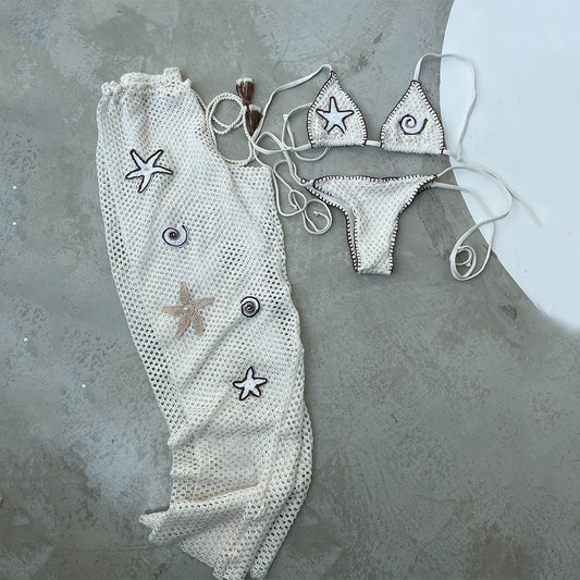 Women’s 2025 Hand‑Hook Knit Bikini – 3‑Piece Swimsuit with Long Dress Cover‑Up & Thong Bottoms