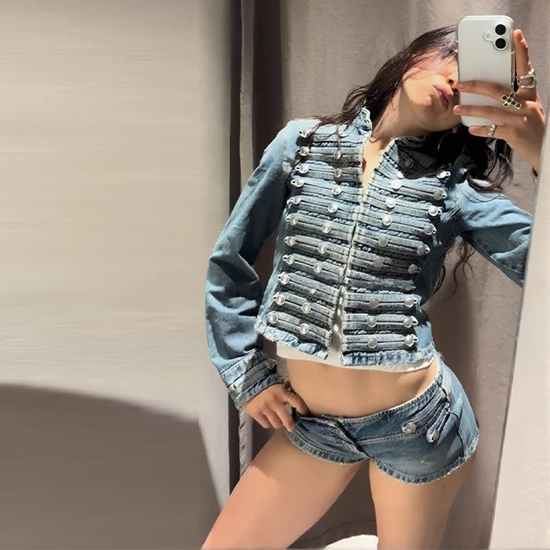 Chic Stand‑Collar Denim Coat & Shorts Suit