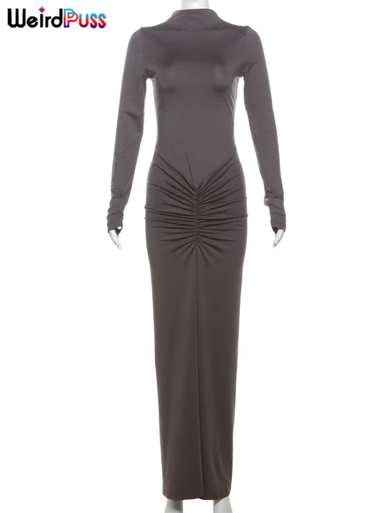 Women’s Ruched Long‑Sleeve Bodycon Dress – O‑Neck Slim Fit Hipster Pleated Autumn Classic