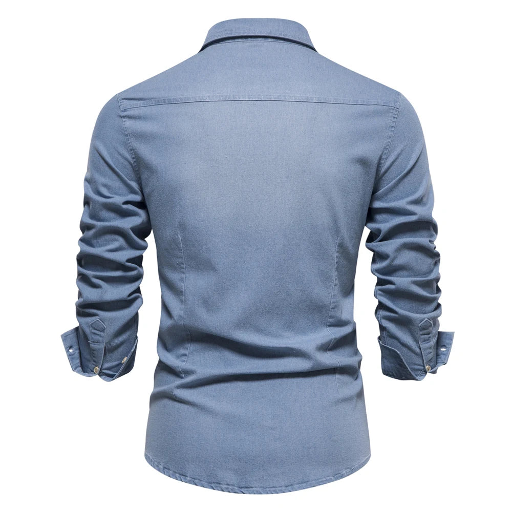 Men’s Elastic Cotton Denim Shirt – Slim‑Fit Long‑Sleeve Cowboy Western Casual Top | AIOPESON Designer Style