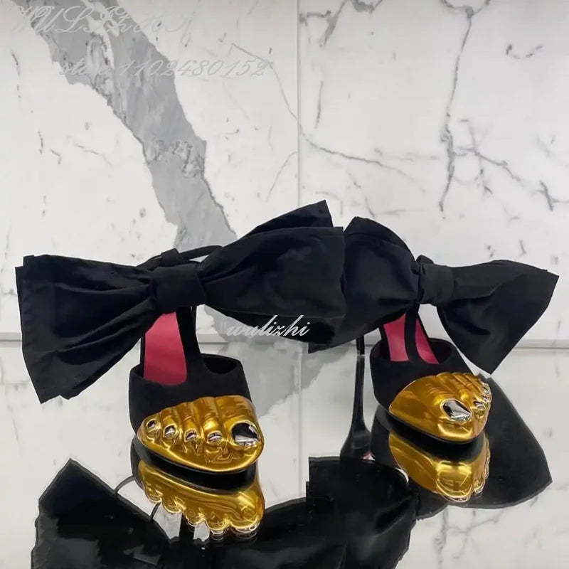 Big Bow Metallic Stiletto Sandals