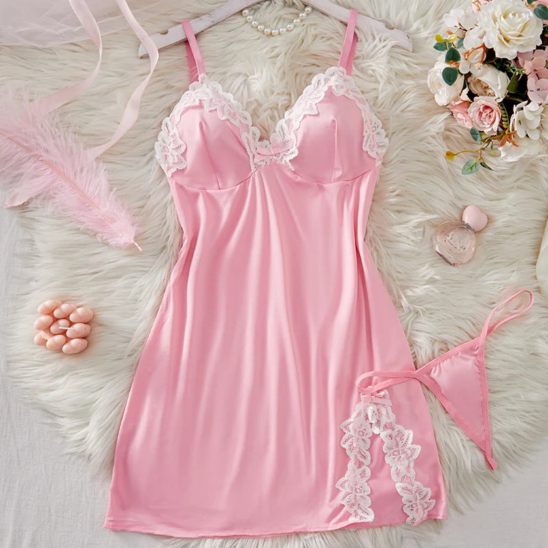 Light Purple Deep‑V Lace Bow Nightdress