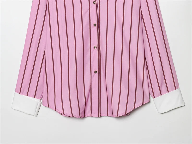 2026 Women’s Long Sleeve Collared Shirt — Striped Cuff Loose Chic Spring Summer Top
