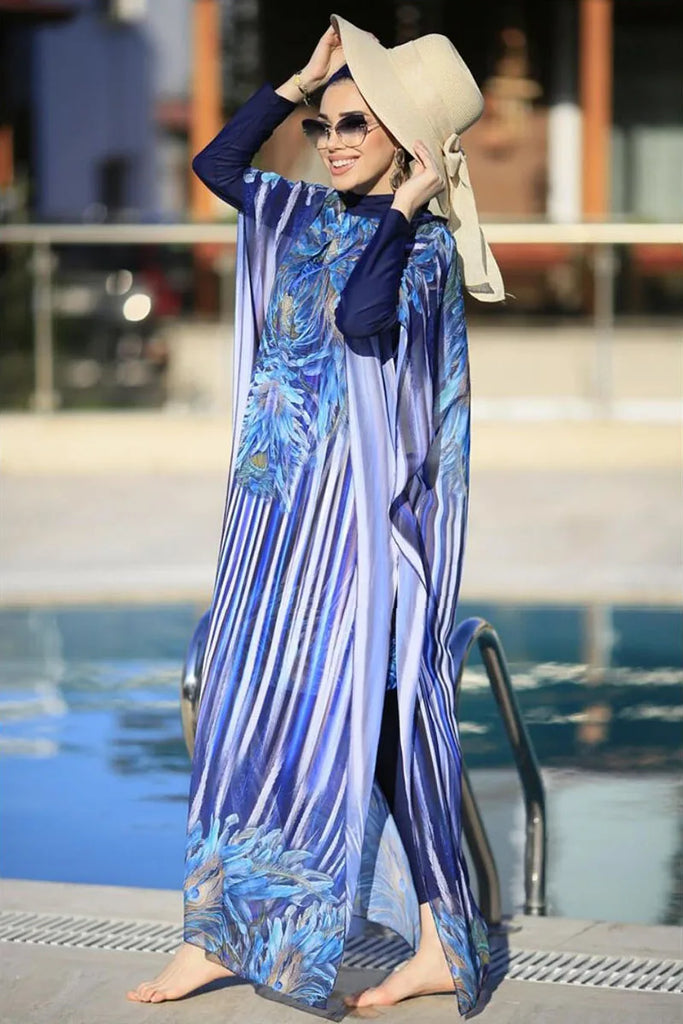 Women’s 4‑Piece Islamic Burkini Set – Long Sleeve Modest Swimwear with Hijab, Digital Print Sports Bathing Suit (4XL)