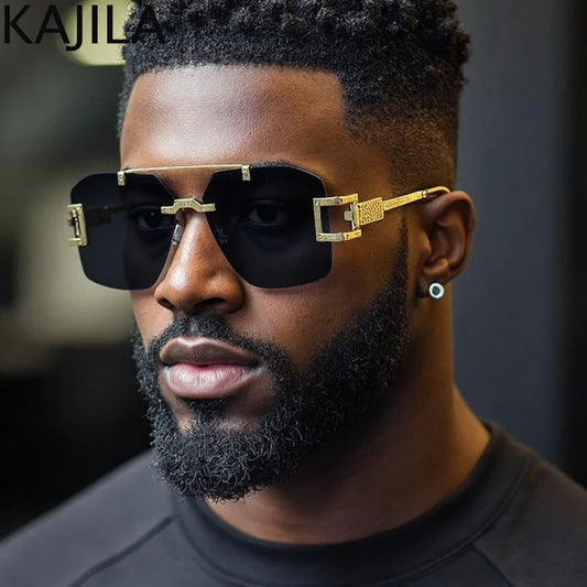 Square Rimless Punk Sunglasses Men 2025 Luxury Brand Vintage Steampunk Frameless Polygon Double Beam Sun Glasses For Male UV400