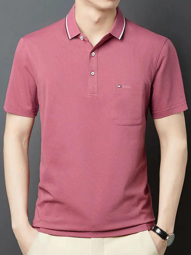 Top Grade Summer Short Sleeve Korean New Fashion Cotton Soft Pure Color Lapel Slim Fit Casual Tops Men's pocket Polo Shirts